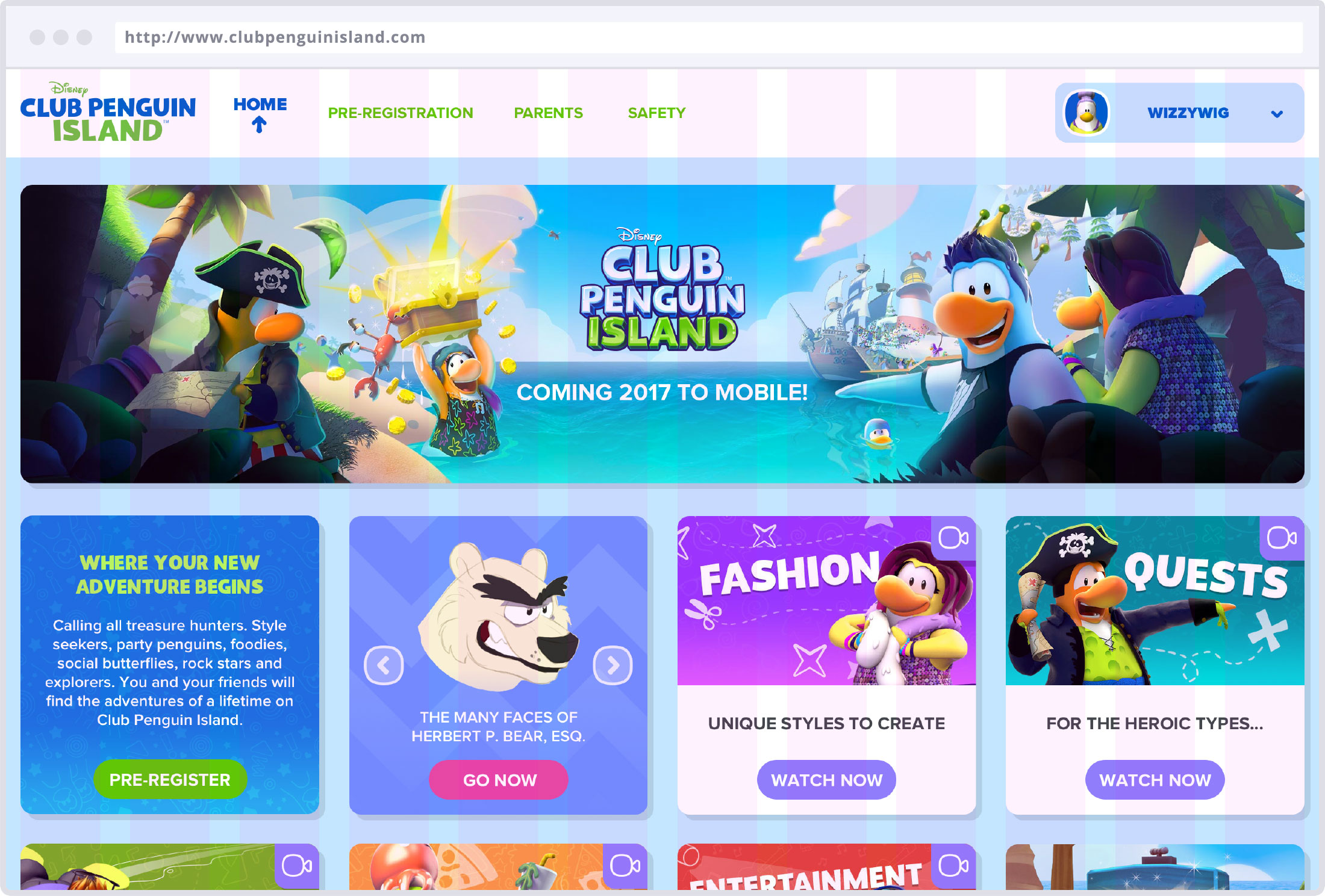 Image of Club Penguin Island homepage with overlay layout grid.